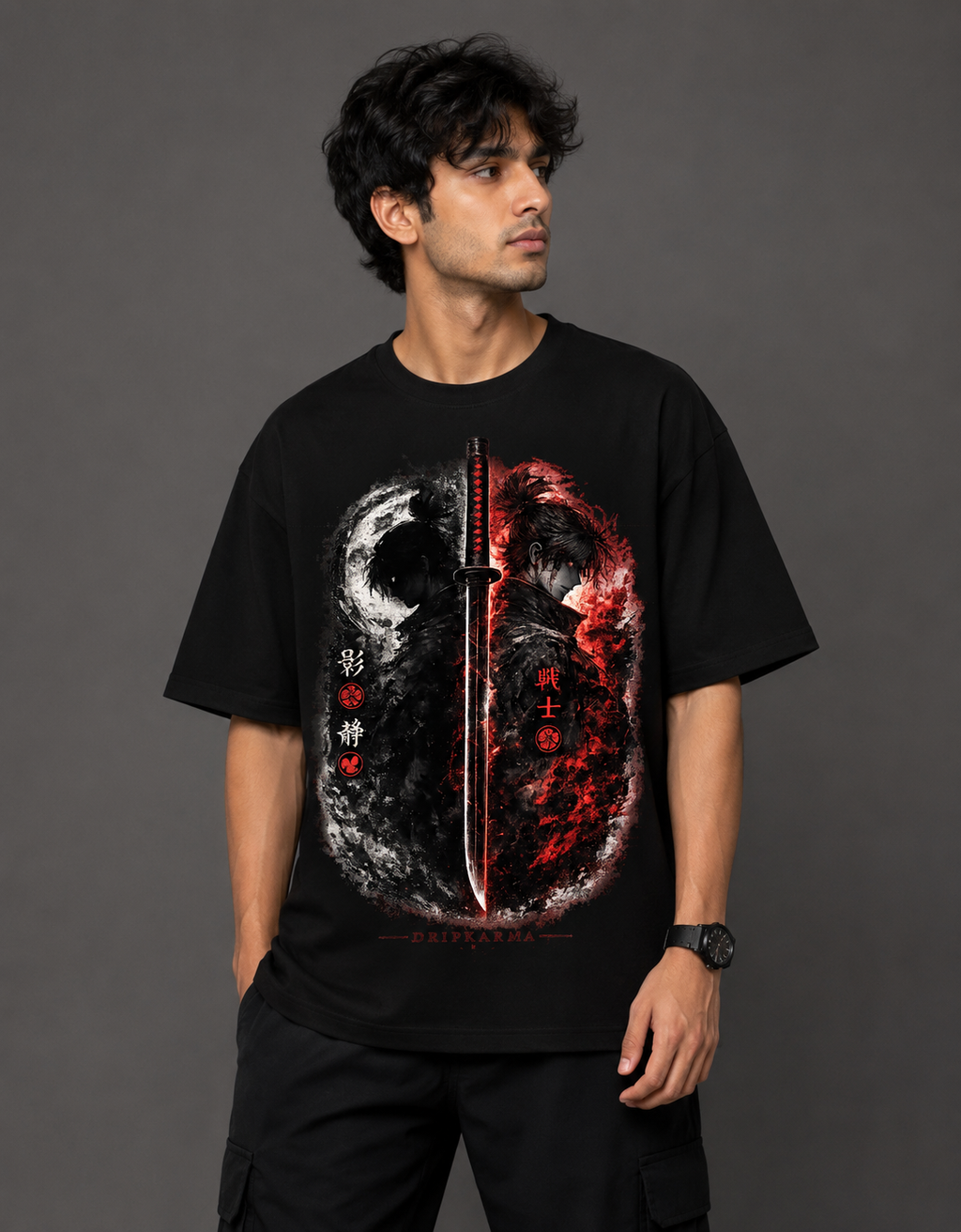 Dripkarma Shadow Samurai Oversized Black T-Shirt | 240 GSM Premium Tee | 100% Cotton Anime Streetwear