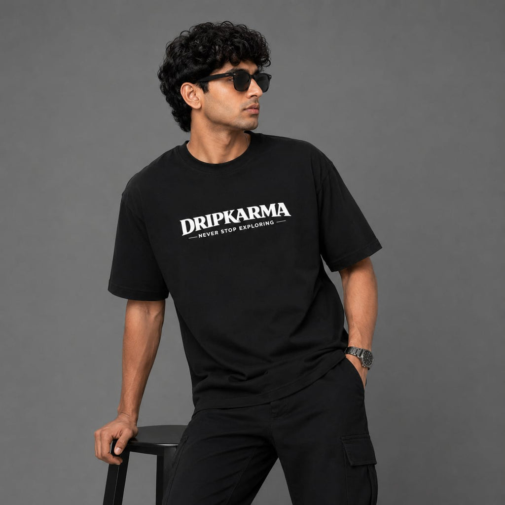 Never Stop Exploring Tee – Black and Red | 240 GSM Oversized | Drip Karma