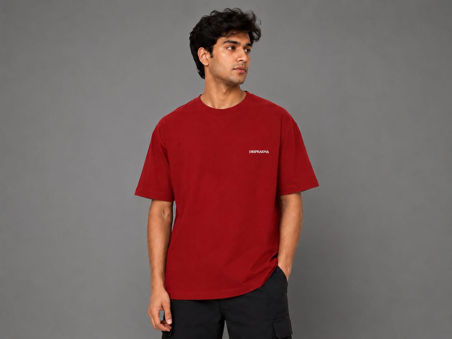Drip Karma-Signature Pocket Logo Oversized T-Shirt | 240 GSM | 100% Cotton | Black | Red