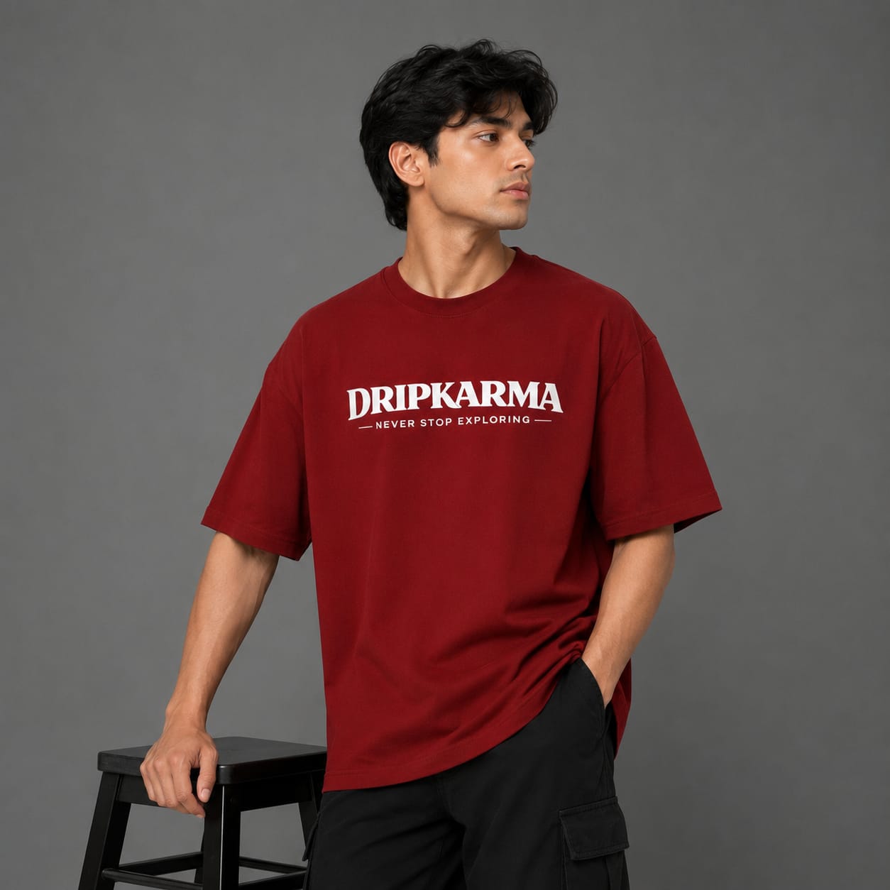Never Stop Exploring Tee – Black and Red | 240 GSM Oversized | Drip Karma